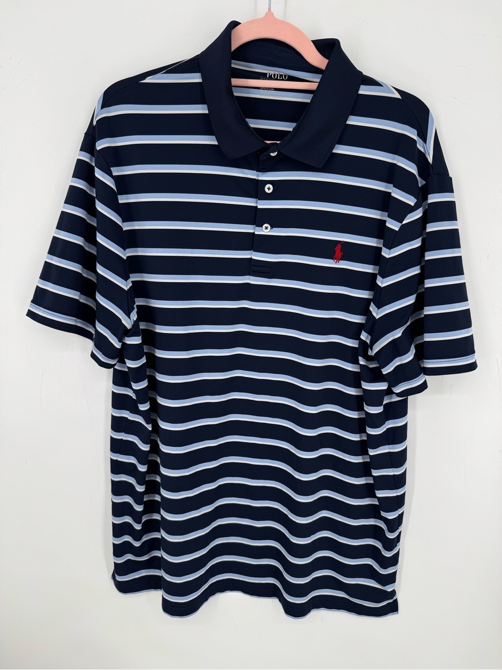 Polo Ralph Lauren Performace Men's Blue + White Striped Polo Red Pony Size XL